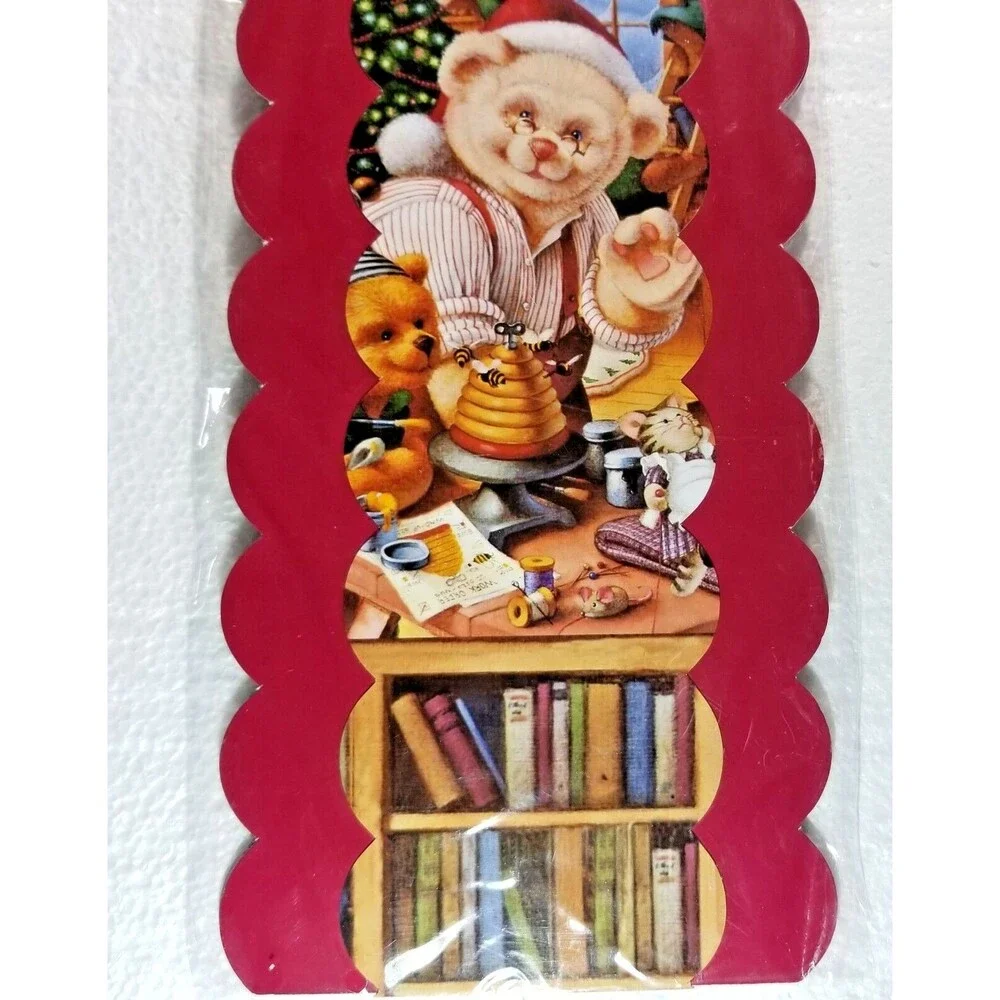 Christmas Holiday Card Holder Hanging Teddy Bear Elves  Scalloped Edges New